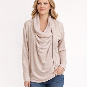 GNW Cream Beige Cowl Neck Side Zip Ribbed Side Panels Soft Cozy Sweatshirt